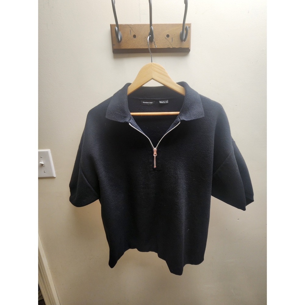 Standard Cloth Mens Black Quarter Zip Short Sleeve Knit Polo Shirt Size M‎